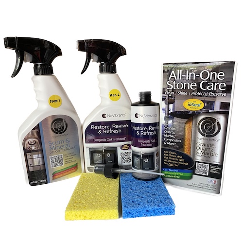 Routine care and cleaning products for quartz and granite composite sink restoration, color correction, sealers, and polish. Scum & Mineral Deposit Remover, Granite Quartz and Marble Treatment, NuVibrants Restore, Revive, Refresh Composite Sink Treatment.