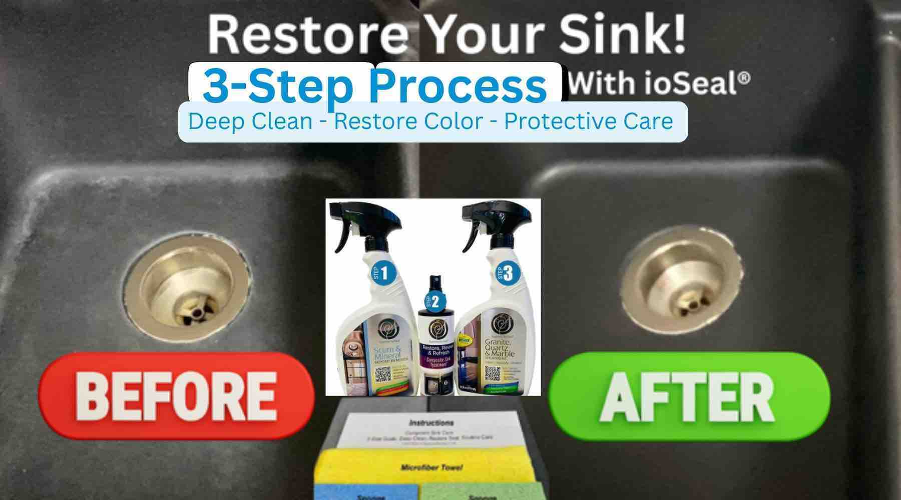 Before and after white haze removal on black granite composite sink – permanent fix with Supreme Surface 3-Step System and ioSeal®