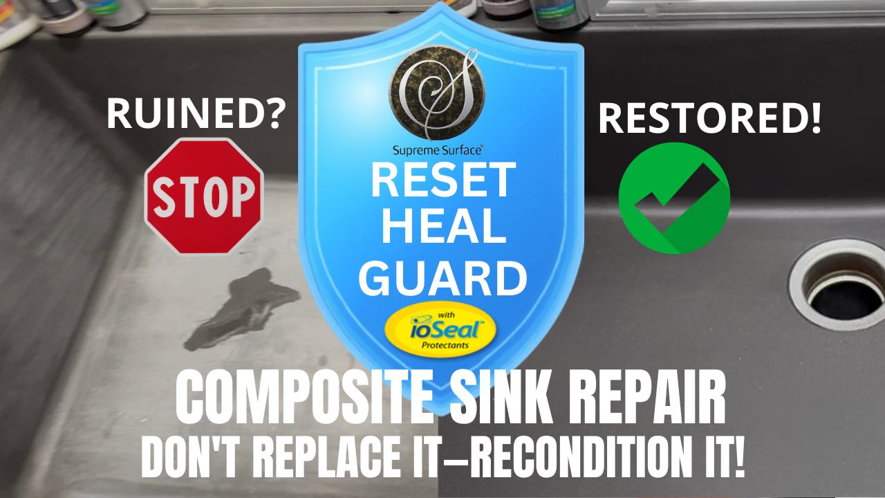 “Composite sink restoration video thumbnail – before and after repair process” “Professional composite kitchen sink restoration showing scratch removal and polishing” “Watch the full composite sink restoration tutorial – damaged to like-new finish” “Step-by-step composite sink restoration video – heavy scratches repaired”