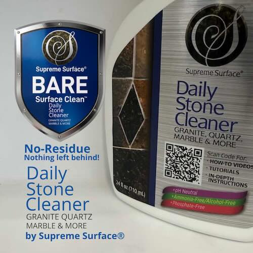 Supreme Surface RESET Step 1 bottle for deep cleaning and decontaminating luxury stone surfaces.