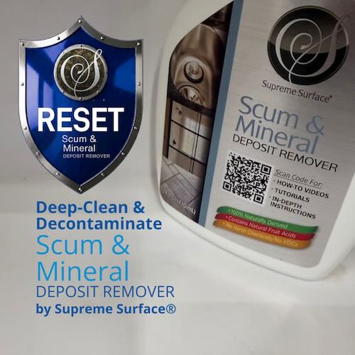 Supreme Surface RESET Step 1 bottle for deep cleaning and decontaminating luxury stone surfaces.
