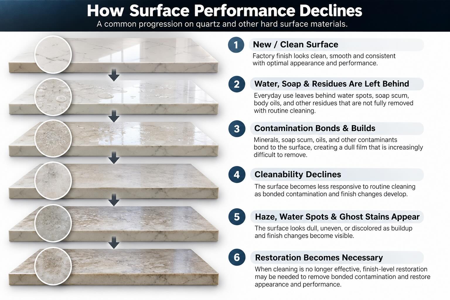 How surface performance declines from residue buildup and bonded contamination to haze, ghost stains, and restoration.
