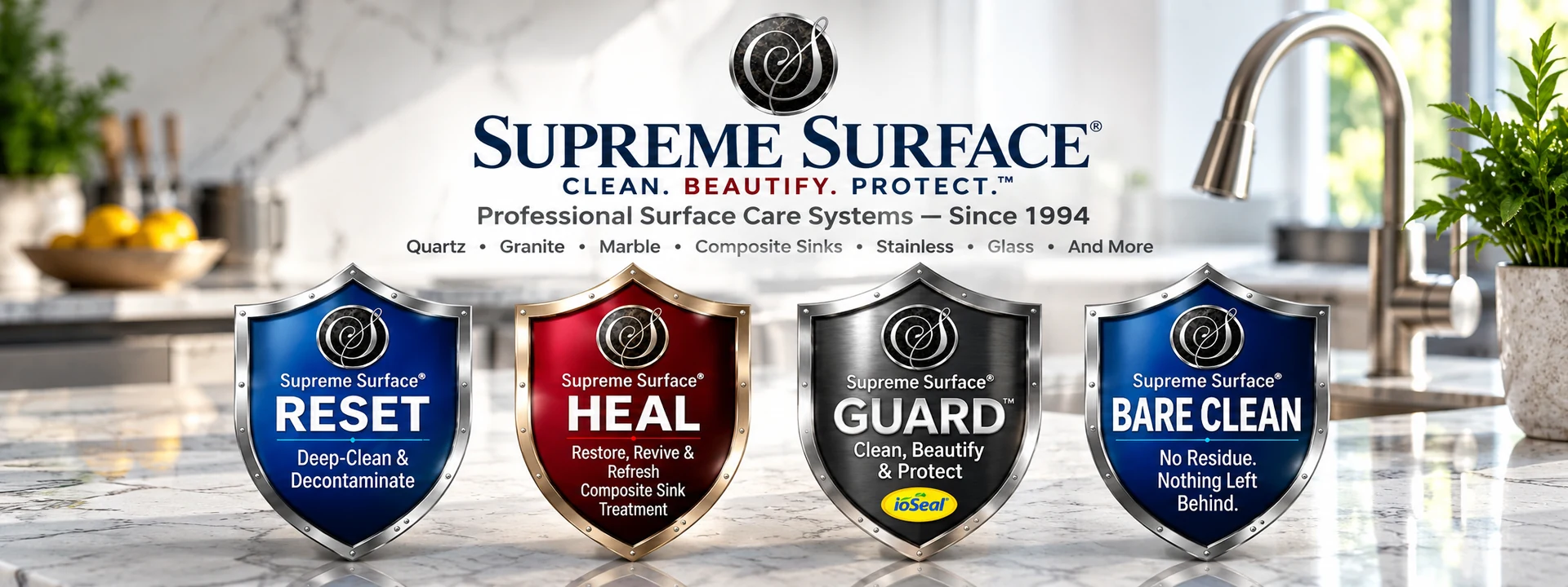 Supreme Surface® RESET, HEAL, GUARD and BARE CLEAN professional surface care systems
